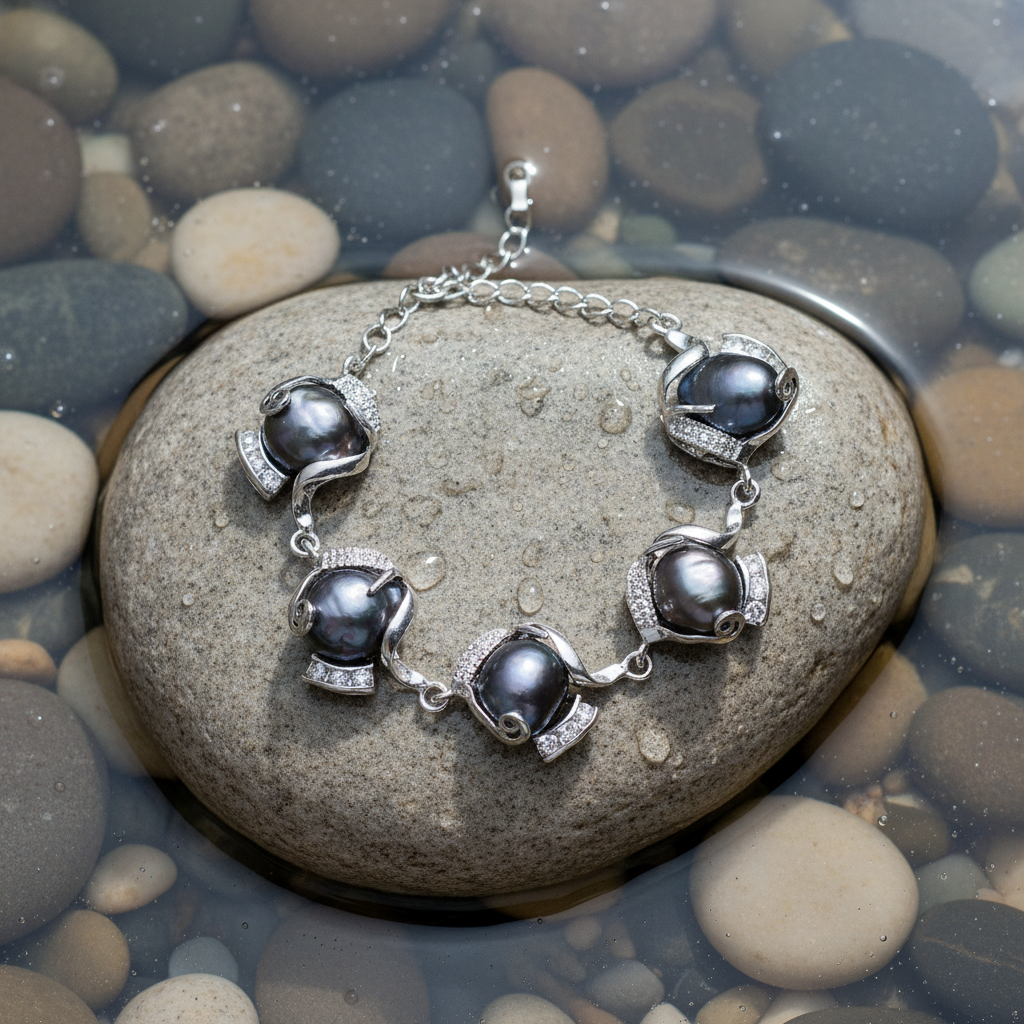Zoetwater parel armband Evita Black op natuurlijke lichte grijze steen - bovenaanzicht