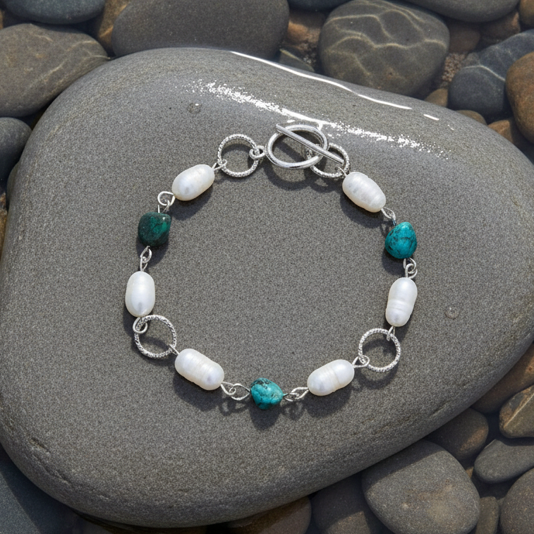 Zoetwater parel armband Lalita Chrysocolla op steen omringd door water - bovenaanzicht