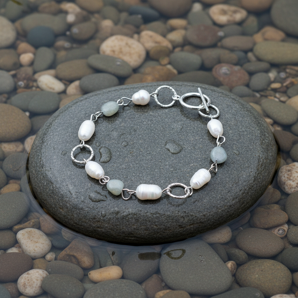 Zoetwater parel armband Lalita Labradorite plat op natte grijze steen