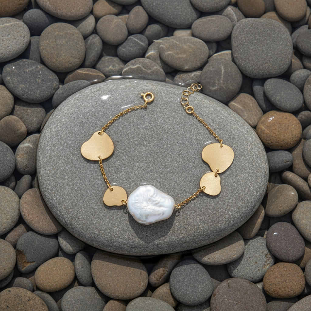 Zoetwater parel armband Marlieke op steen bij water - bovenaanzicht