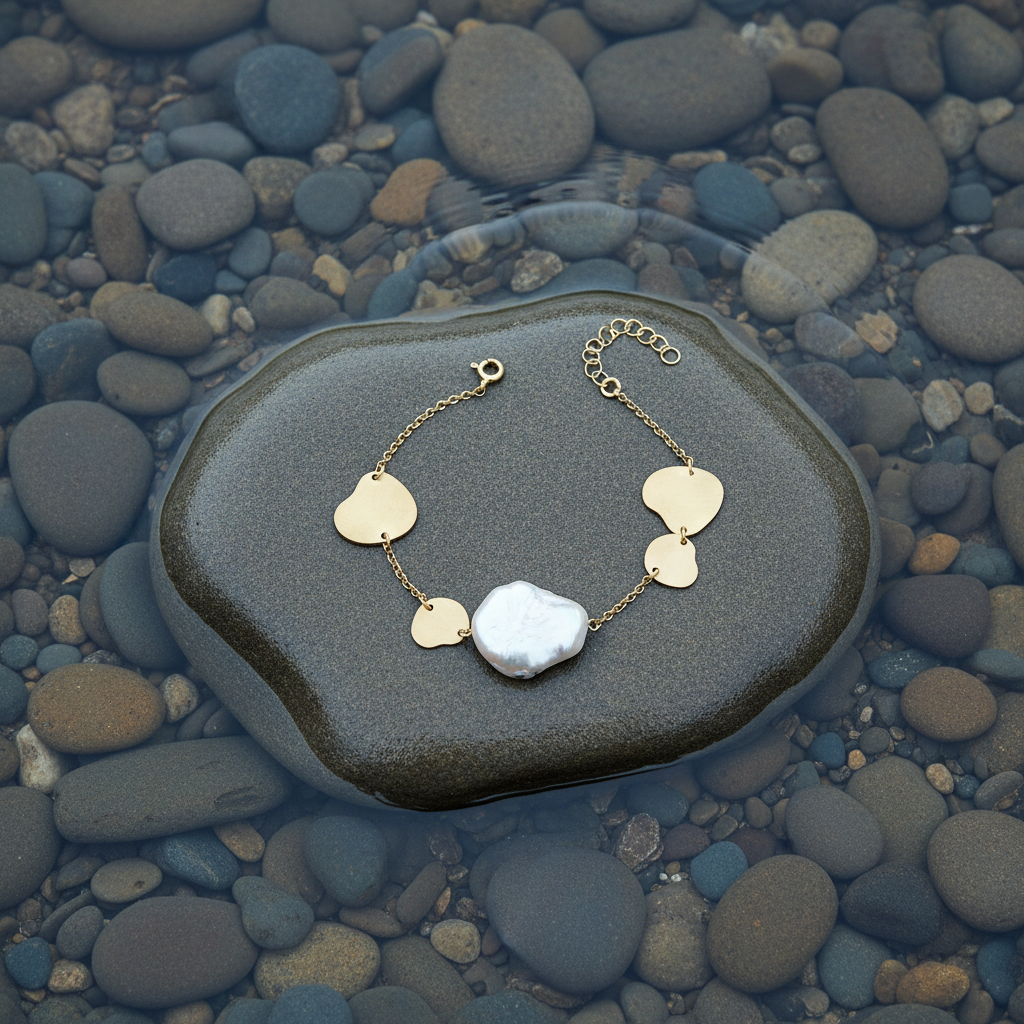 Zoetwater parel armband Marlieke op steen omringd door water - bovenaanzicht