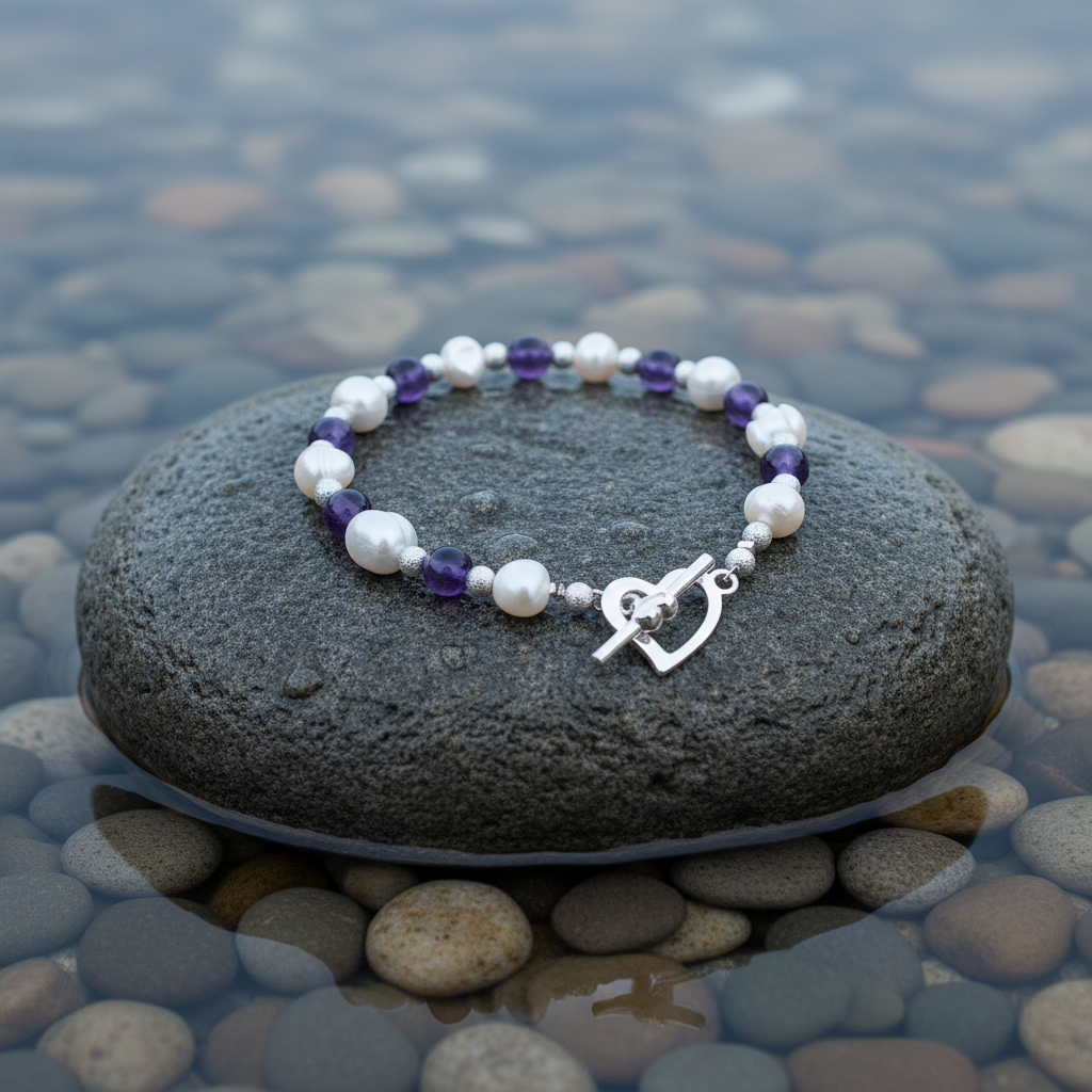 Zoetwater parel armband met edelsteen Pearl Heart Amethyst op realistische grijze steen