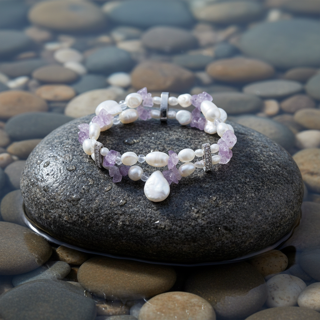 Zoetwater parel armband met edelstenen Amanda op realistische grijze steen - meer contrast