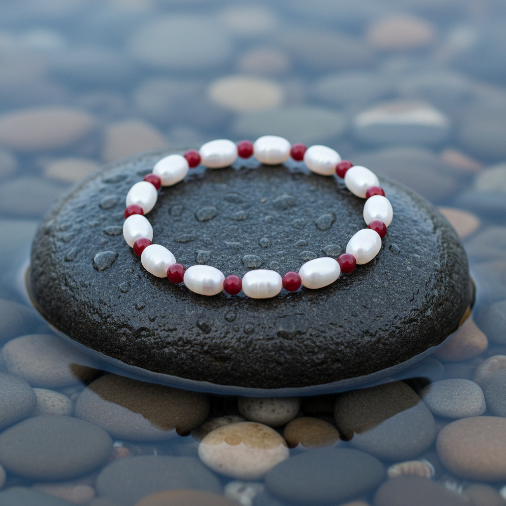 Zoetwater parel armband met koraal Claudine op realistische grijze steen - close-up