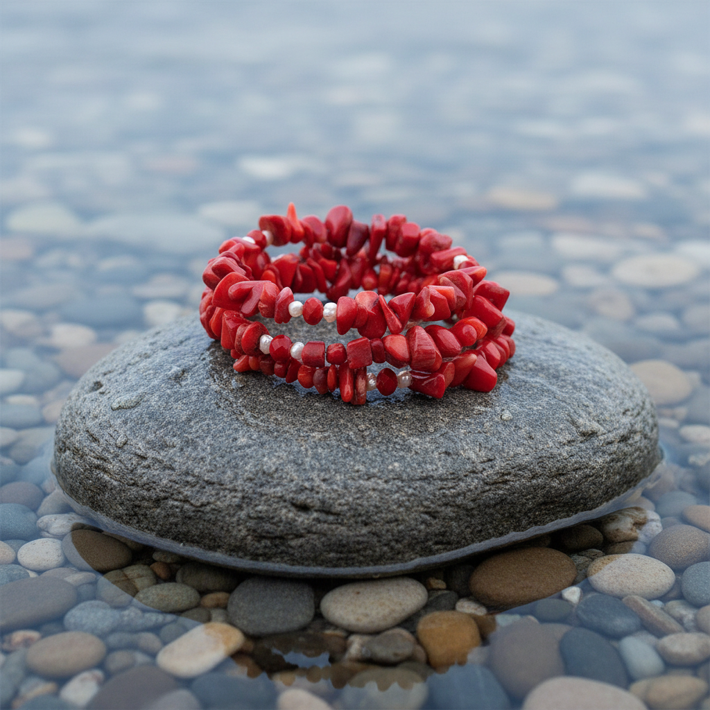 Zoetwater parel armband met koraal Wrap Coral Pearl op realistische grijze steen