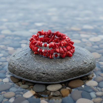 Zoetwater parel armband met koraal Wrap Coral Pearl op realistische grijze steen