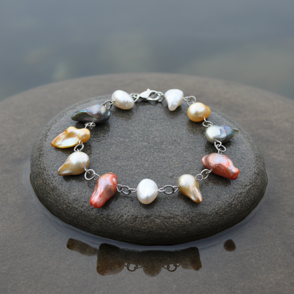 Zoetwater parel armband Multi Color Blister I op natte steen