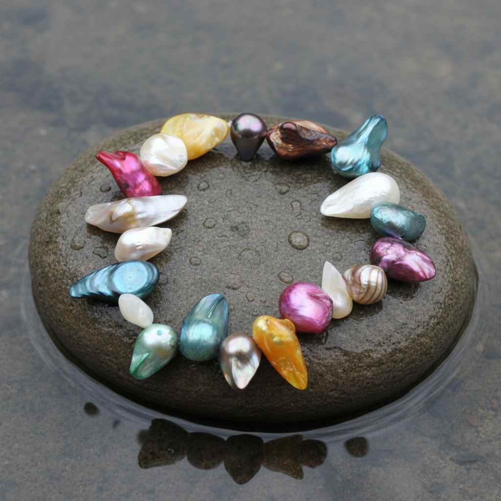 Zoetwater parel armband met vrolijk gekleurde parels liggend op steen in water, elastisch | Pearl Blister Mix Color