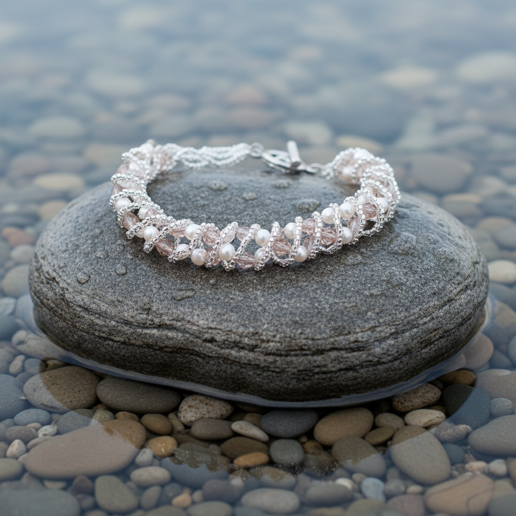 Zoetwater parel armband Pearl Crystal Clear op realistische grijze steen