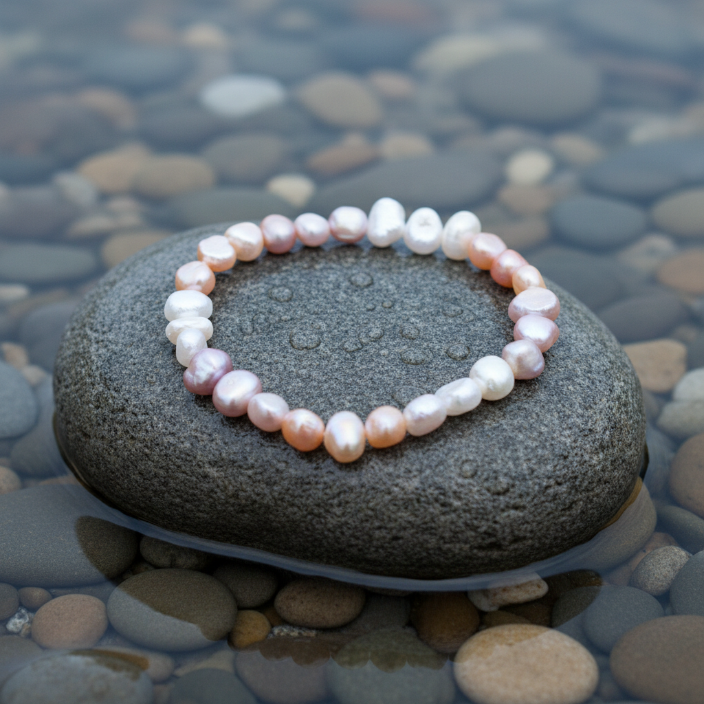 Zoetwater parel armband Pearl Trio Soft Colors op realistische grijze steen - close-up met fellere kleuren
