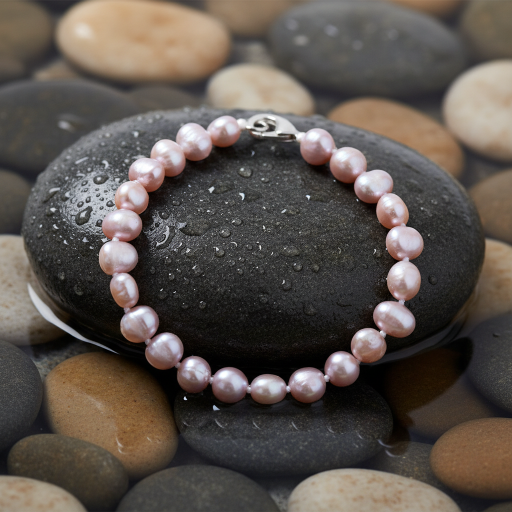 Zoetwater parel armband Rosabel op natte grijze steen