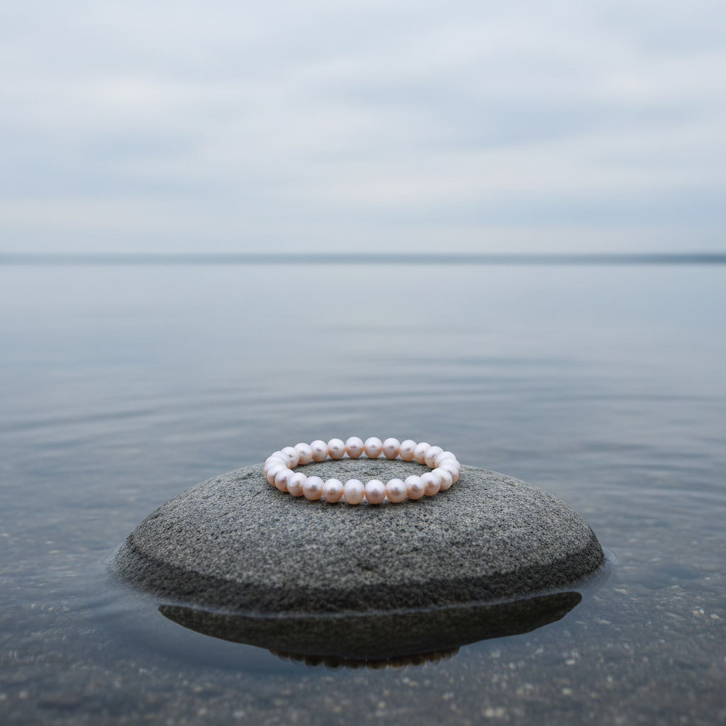 Zoetwater parel armband Round Pink aan de waterrand