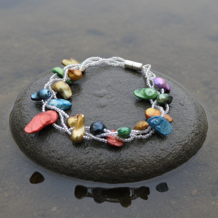 Zoetwater parel armband met magneetsluiting liggend op steen in water | Samba Blister