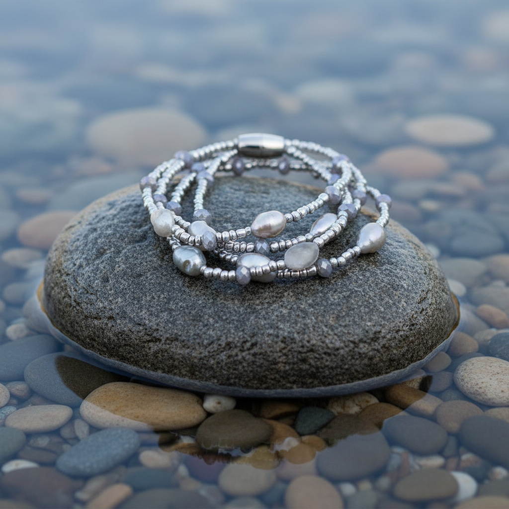 Zoetwater parel armband Shalina Grey op realistische grijze steen