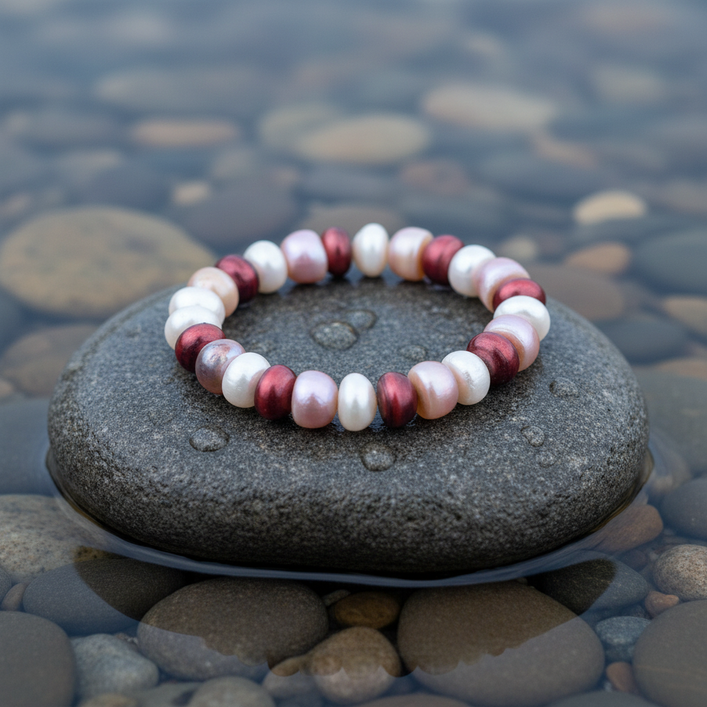 Zoetwater parel armband Tri Color Light op realistische grijze steen - close-up