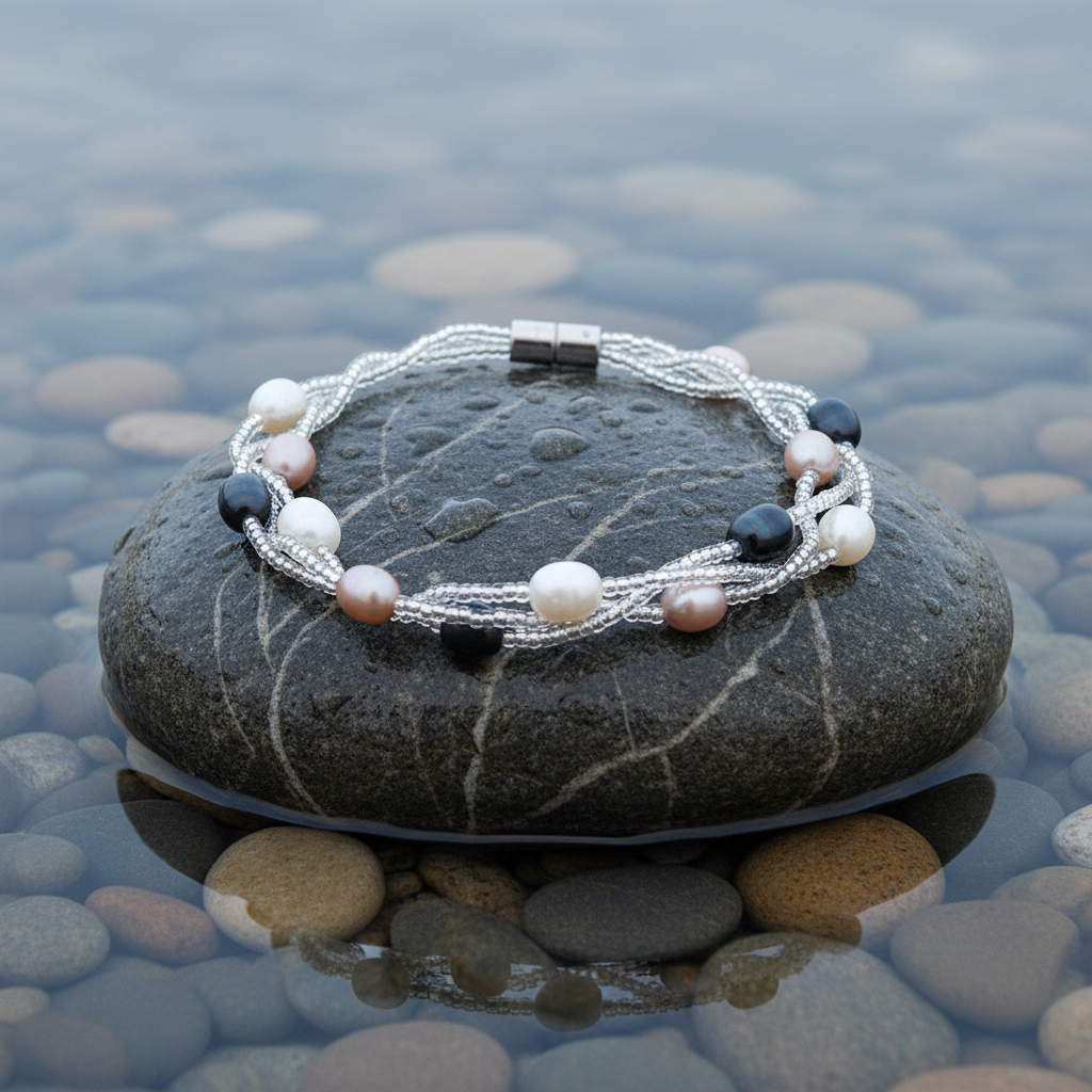 Zoetwater parel armband Twine Pearl Multi Color op realistische grijze steen