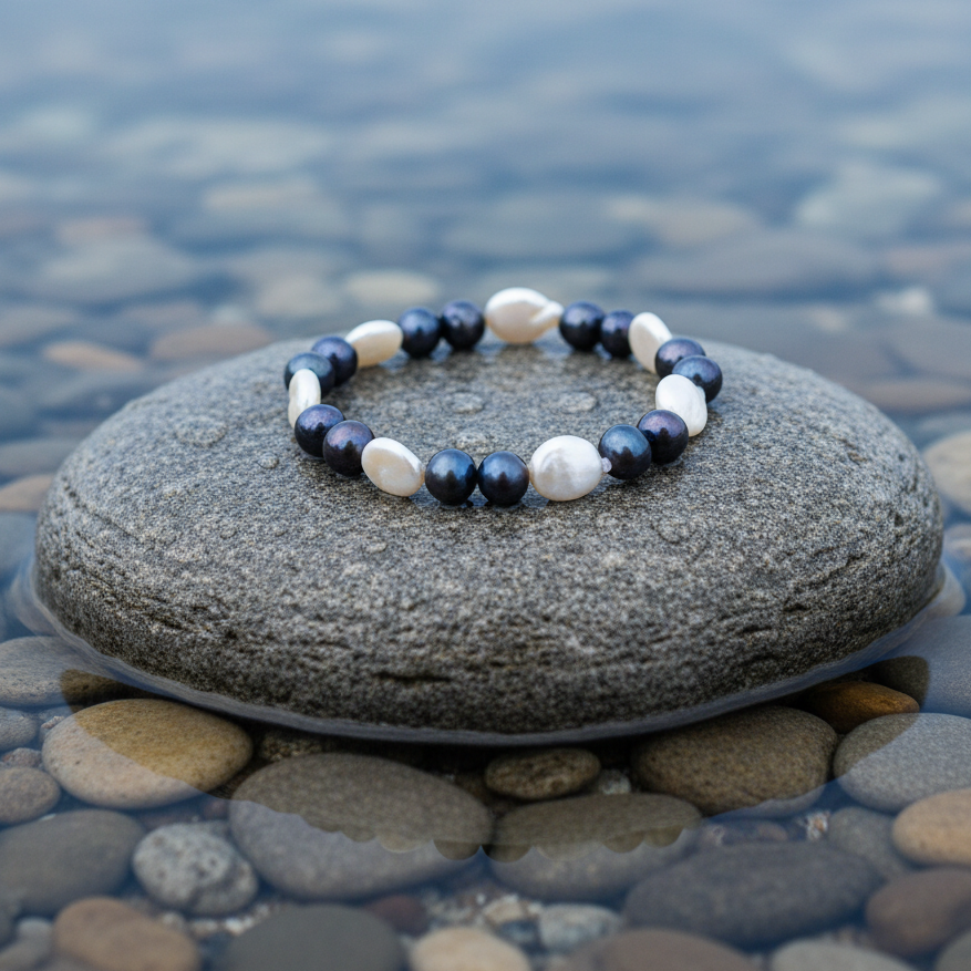 Zoetwater parel armband White Coin Dark Pearl op realistische grijze steen - variant