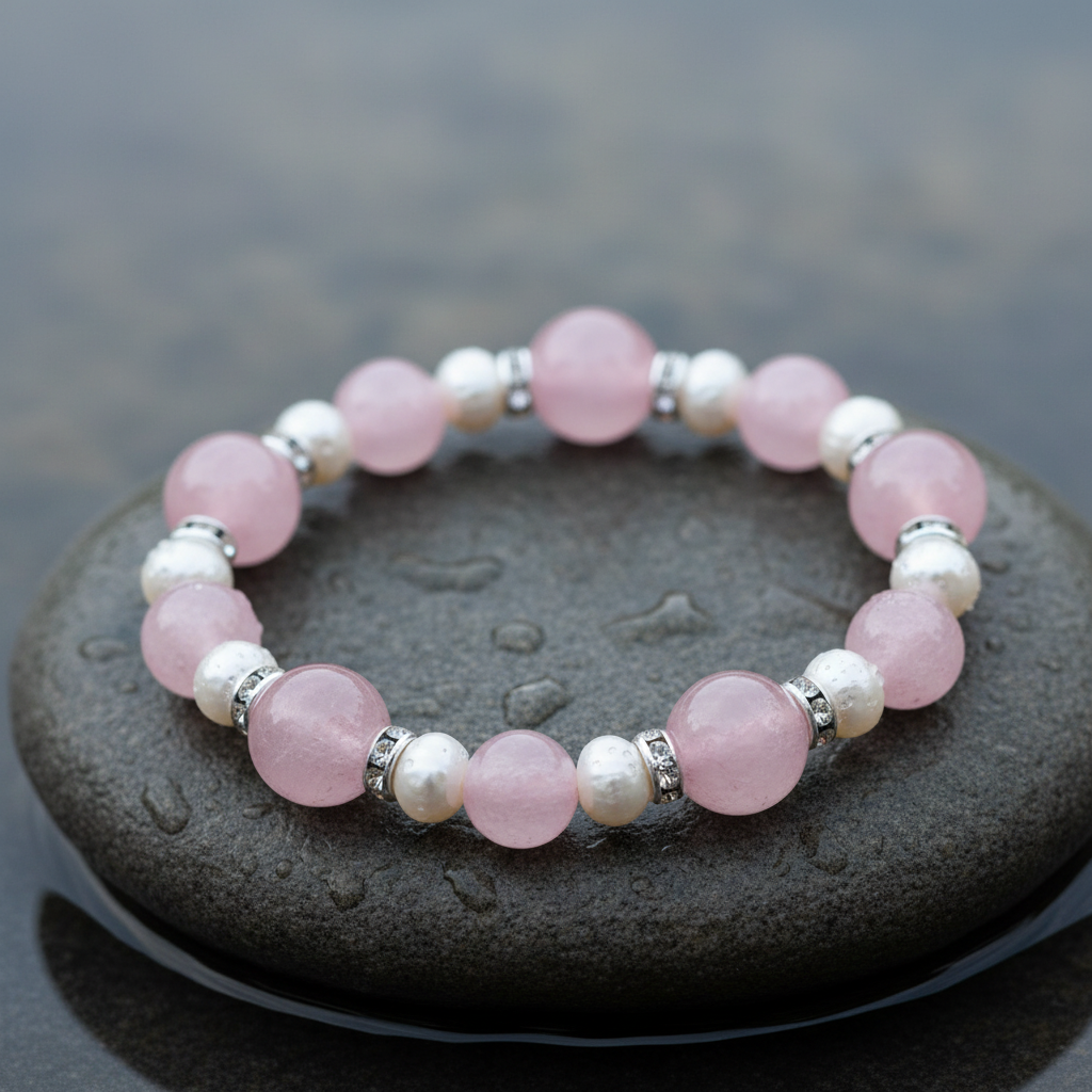 Wit zoetwater parel armband met roze edelstenen rozenkwart en stras steentjes liggend op steen close up , elastisch | Bling Paerl W Rose Quartz