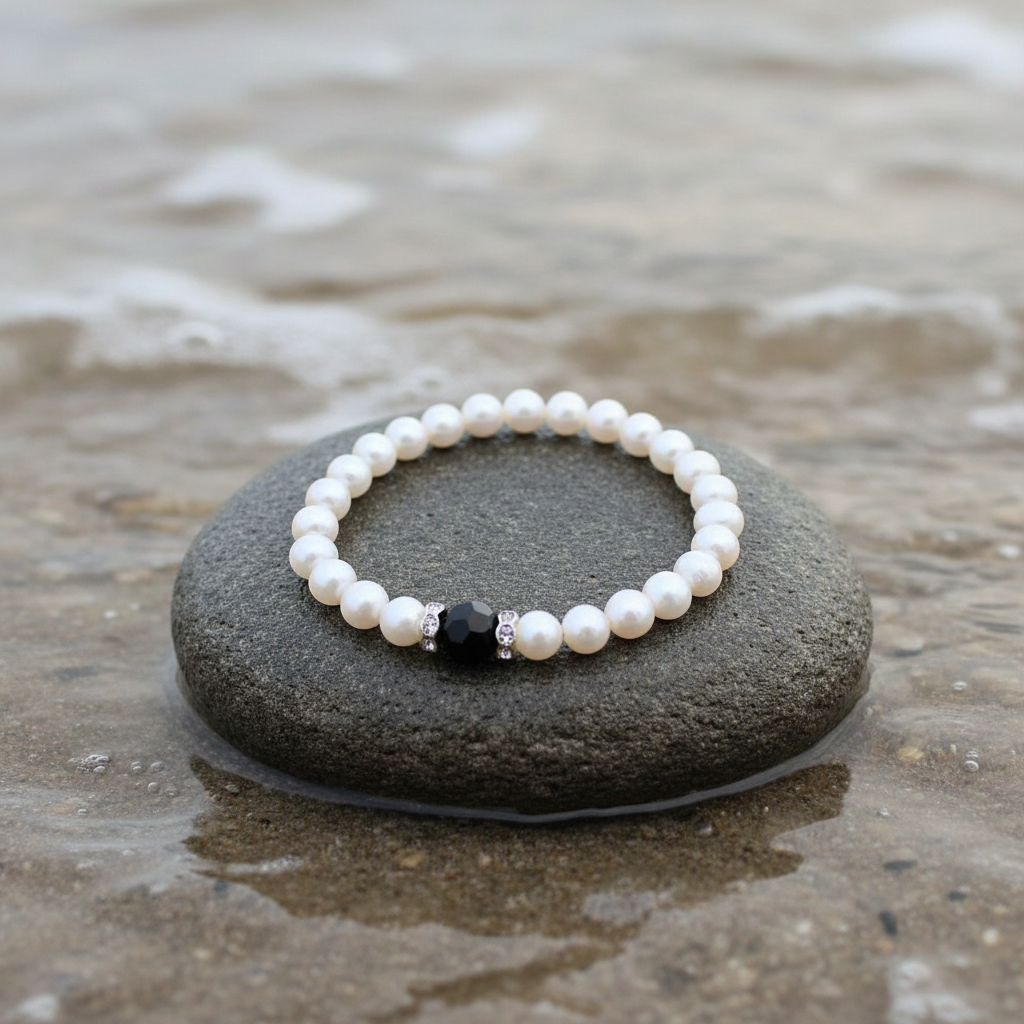 Zoetwater parel en kristallen armband Ezra op natte grijze steen