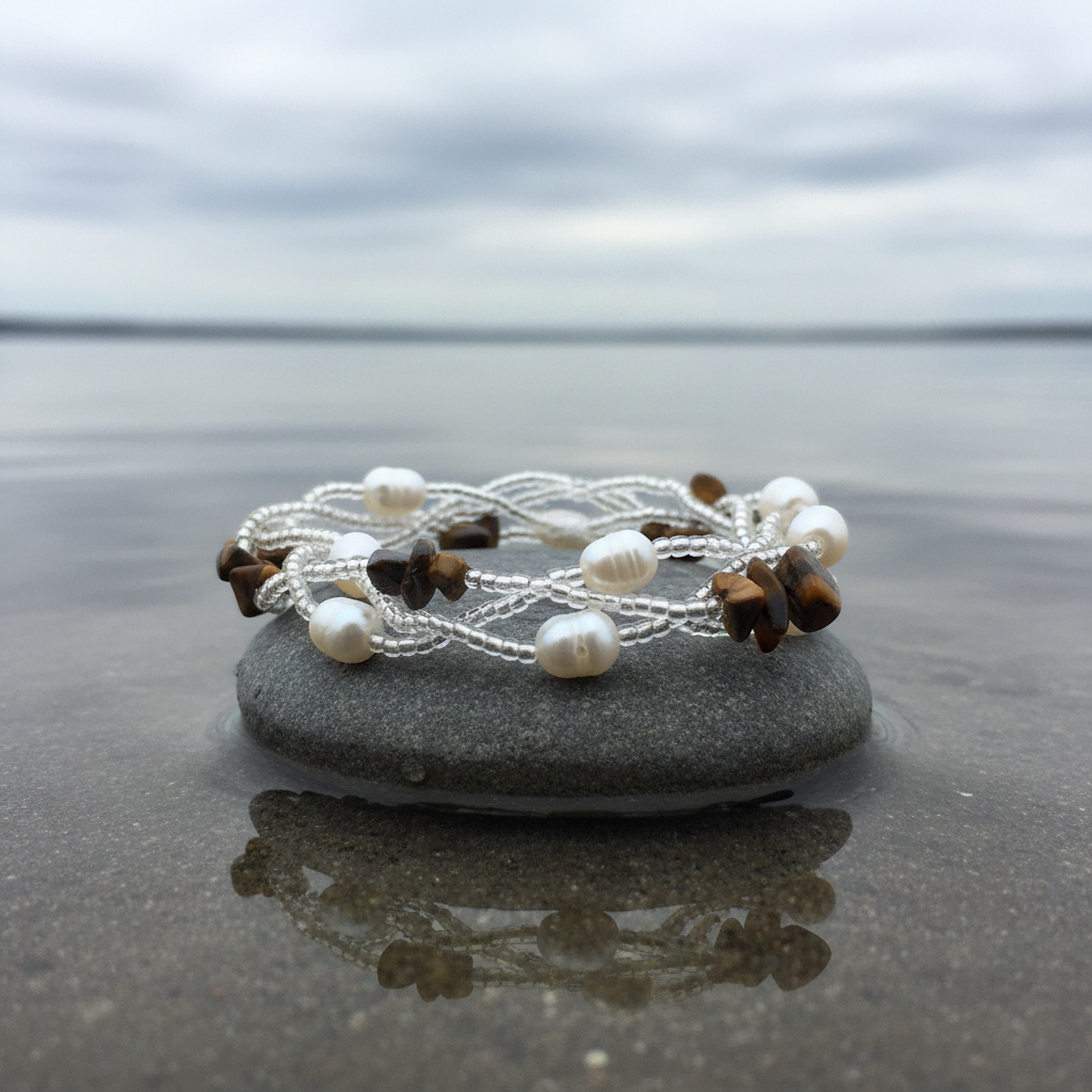 Zoetwater parel met edelstenen armband Twine Pearl Tiger Eye - alternatieve compositie