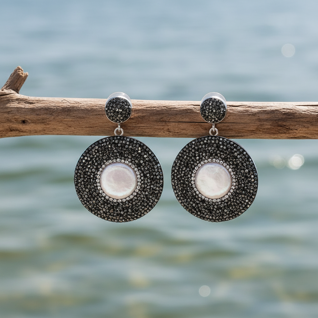 Zoetwater parel oorbellen aan tak met waterachtergrond