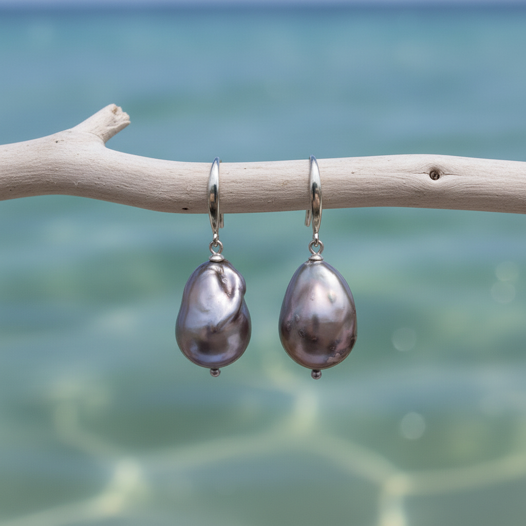 Zoetwater parel oorbellen Big Dangling Nucleated Taupe Pearl aan tak