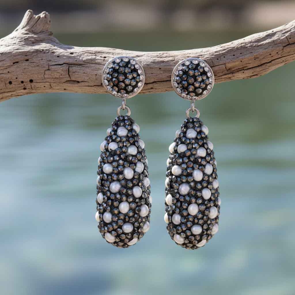 Lange zoetwater parel oorbellen met kleine witte pareltjes en stras steentjes hangend aan tak| Bright Long Pearl Dots