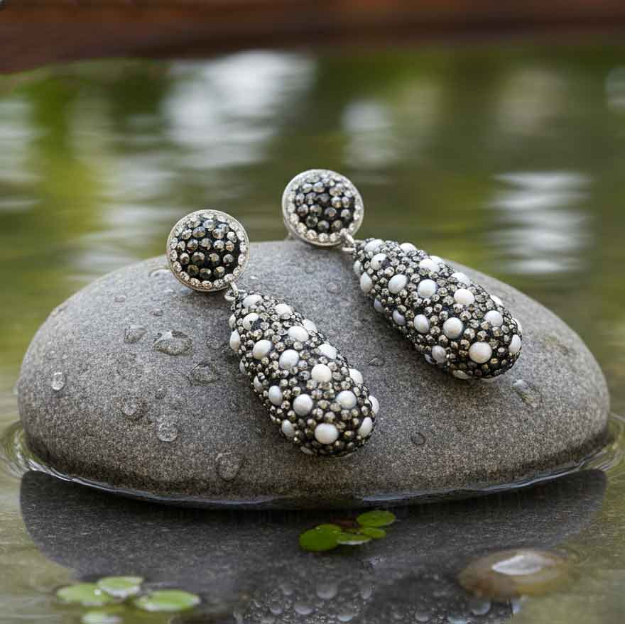Lange zoetwater parel oorbellen met kleine witte pareltjes en stras steentjes leiggend op steen | Bright Long Pearl Dots