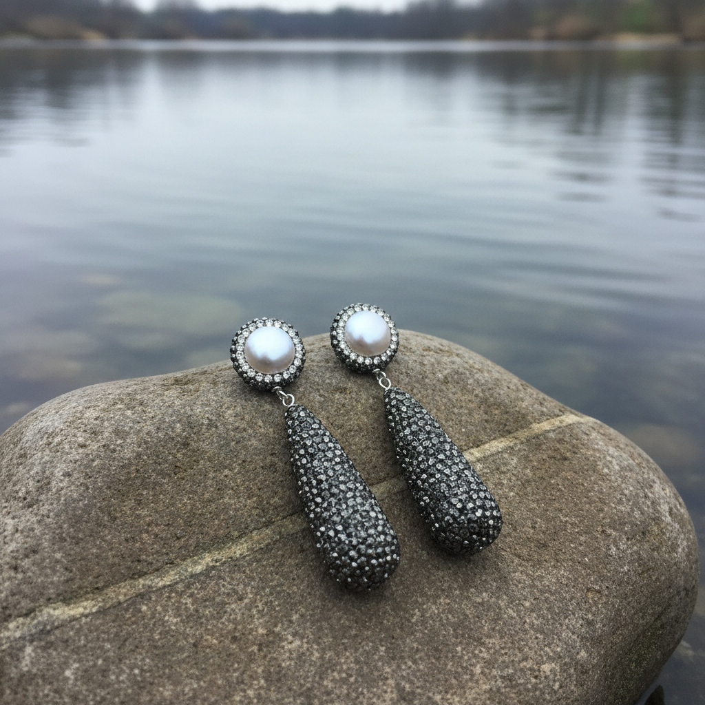 Zoetwater parel oorbellen Bright Pearl Long Drop volledig op steen