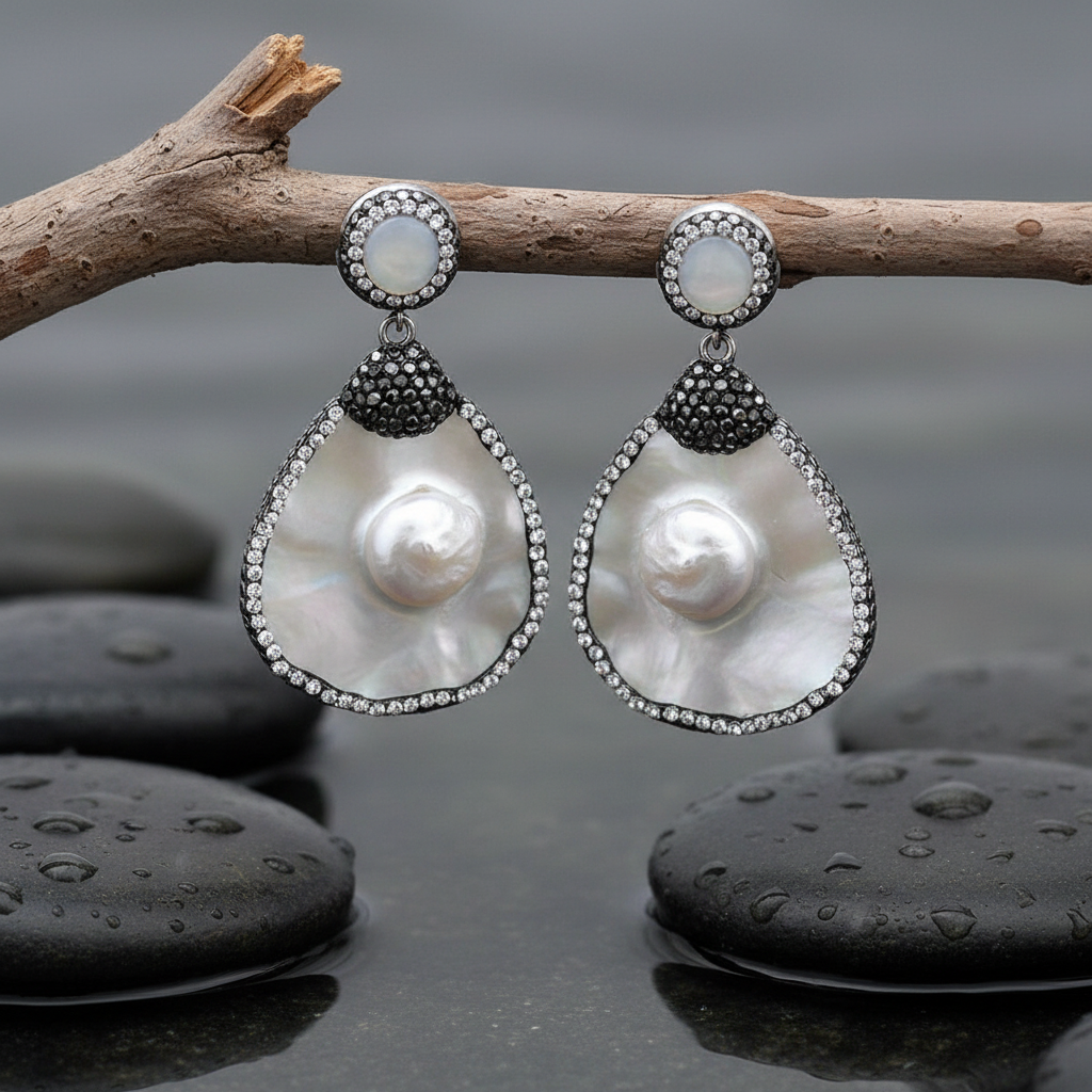 Zoetwater parel oorbellen Bright Shell Pearl Big Teardrop aan takje