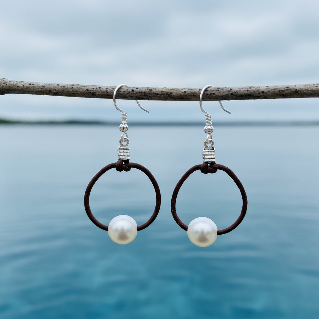 Zoetwater parel oorbellen Brown Leather Pearl aan takje met blauw water