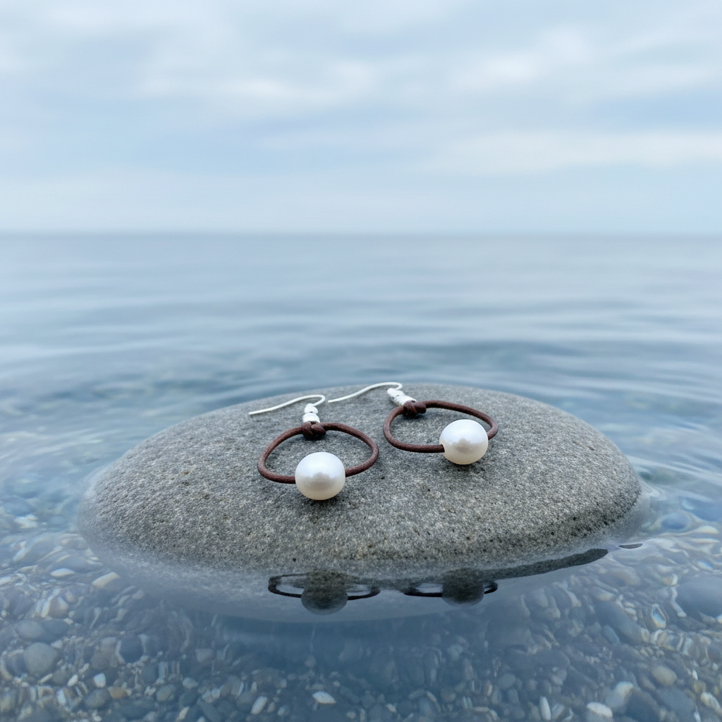 Zoetwater parel oorbellen Brown Leather Pearl op steen in blauw water - realistisch