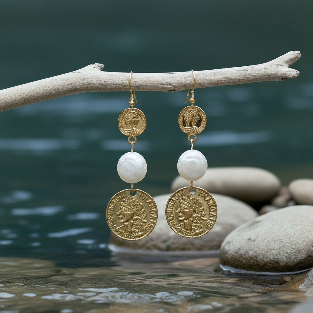 Zoetwater parel oorbellen Double Gold Coin Pearl aan tak met natuurlijk water