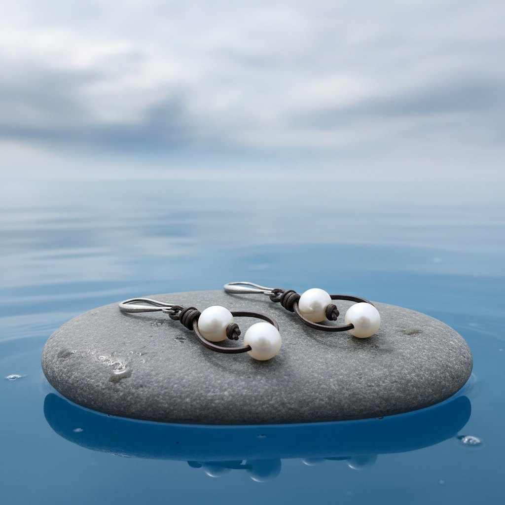 Zoetwater parel oorbellen Double Pearl Brown Leather op platte steen aan blauw water