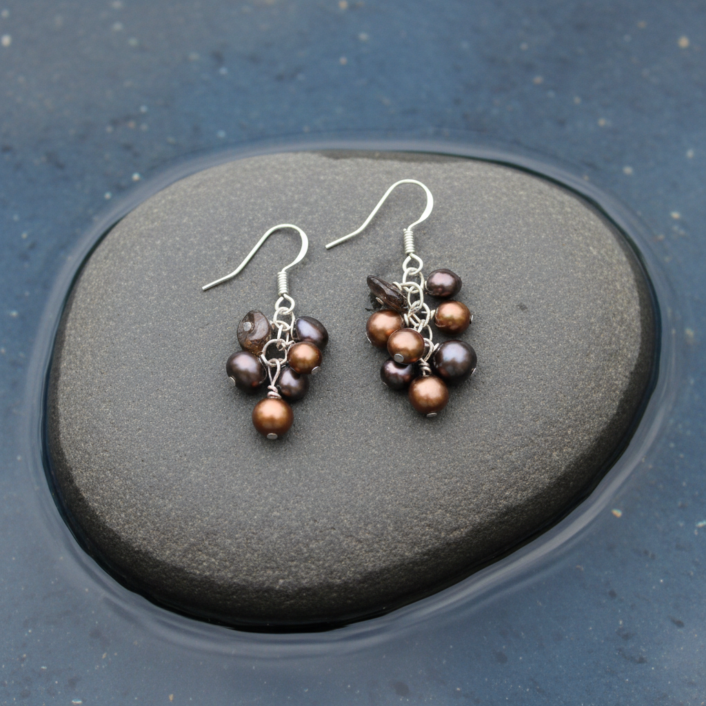 Zoetwater parel oorbellen Little Brown - close-up bovenaanzicht op steen in water