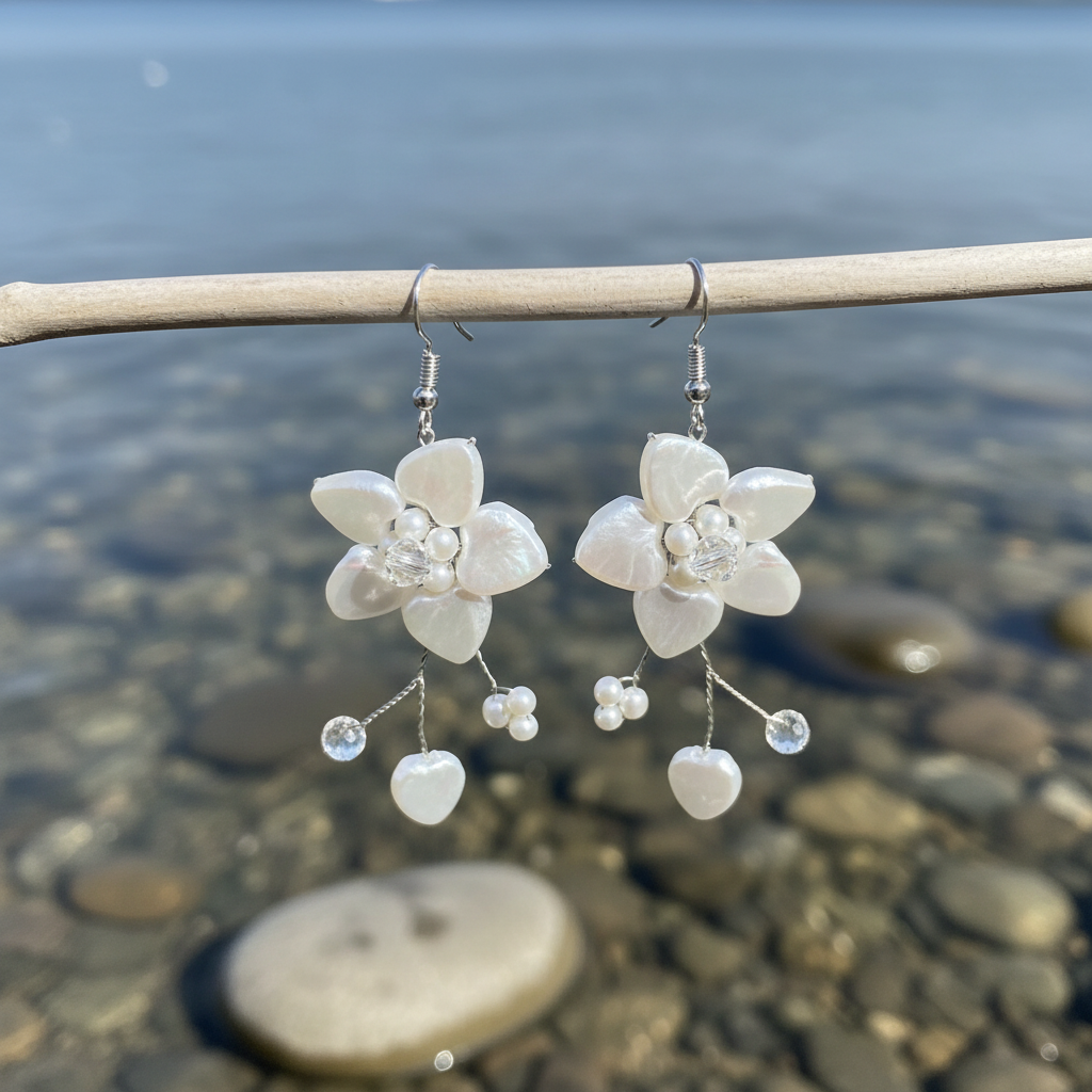 Zoetwater parel oorbellen Long White Flower Pearl aan takje