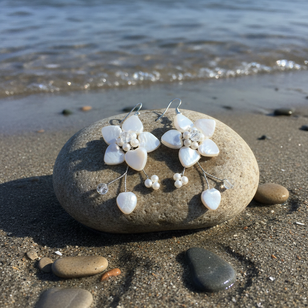 Zoetwater parel oorbellen Long White Flower Pearl op steen