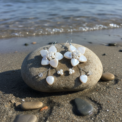 Zoetwater parel oorbellen Long White Flower Pearl op steen