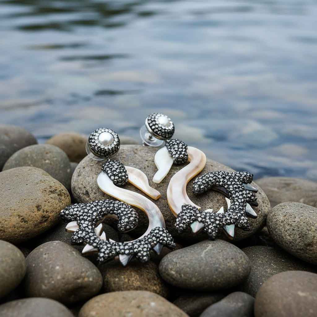 Zoetwater parel oorbellen met parelmoer Bright Shell Swan liggend aan de waterkant