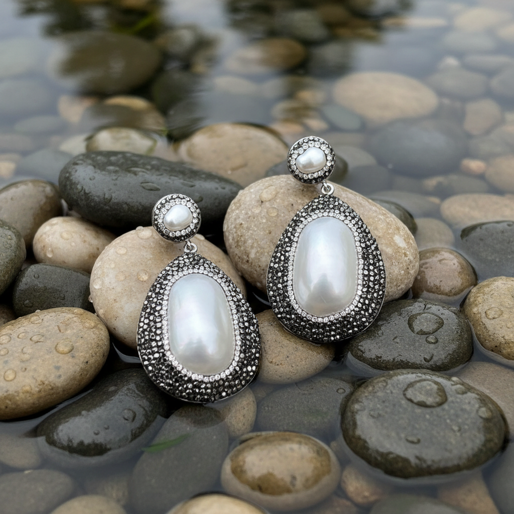 Zoetwater parel oorbellen met schelp Bright Shell Oval - één paar op steen