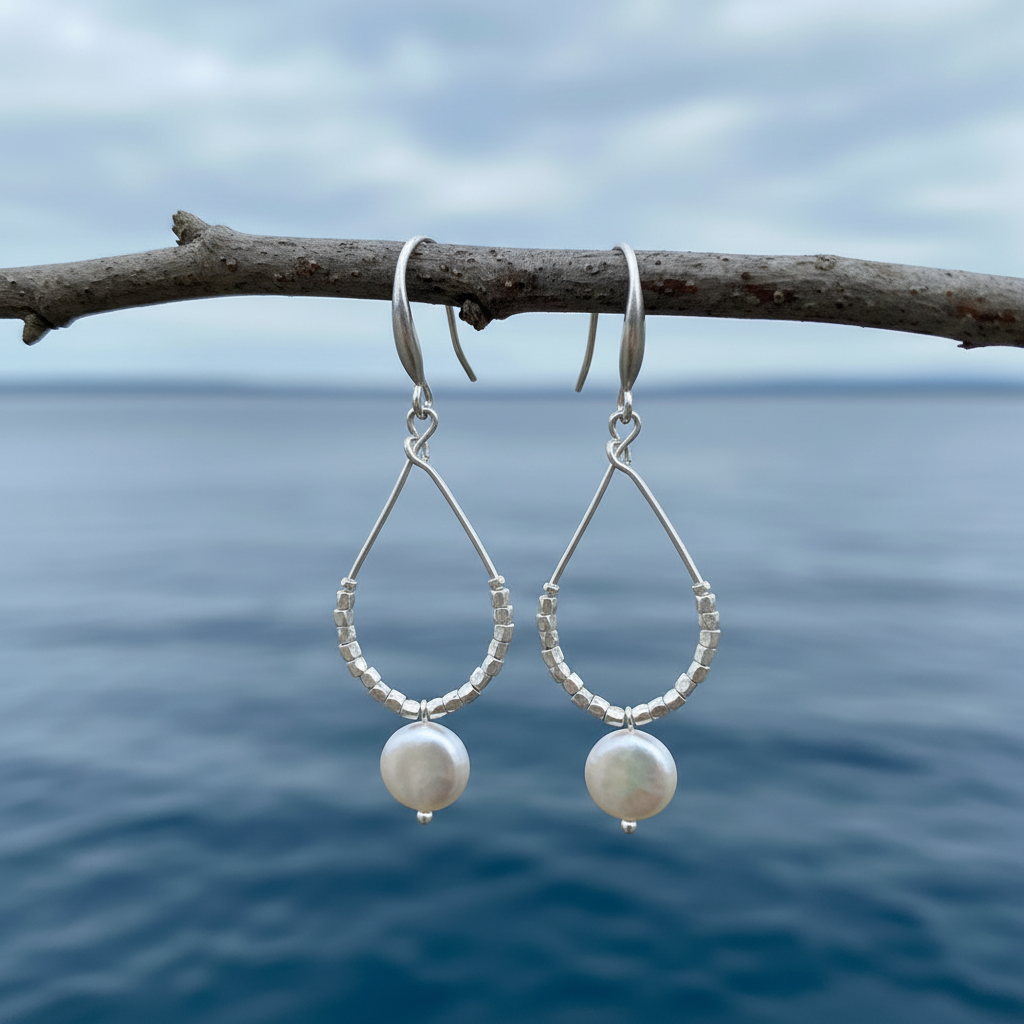 Zoetwater parel oorbellen Milany Silver aan takje met blauw water - close-up