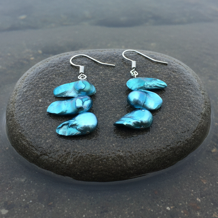 Zoetwater parel oorbellen met aqua blauwe parels en sterling zilver (925) liggend op steen in water | set Pearl Blister Aqua Blue (KO)