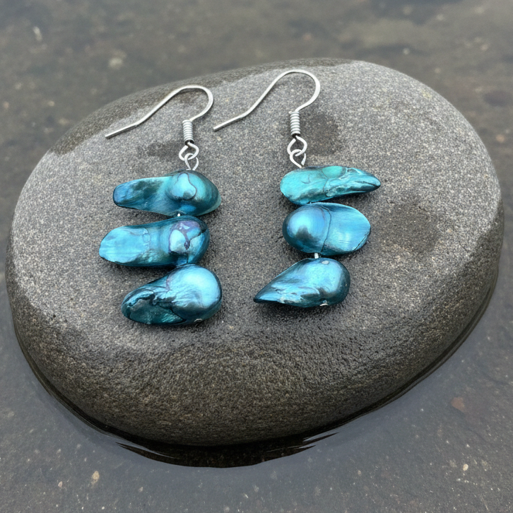 Zoetwater parel oorbellen met aqua blauwe parels en sterling zilver (925) liggend op grijze steen | set Pearl Blister Aqua Blue (KO)
