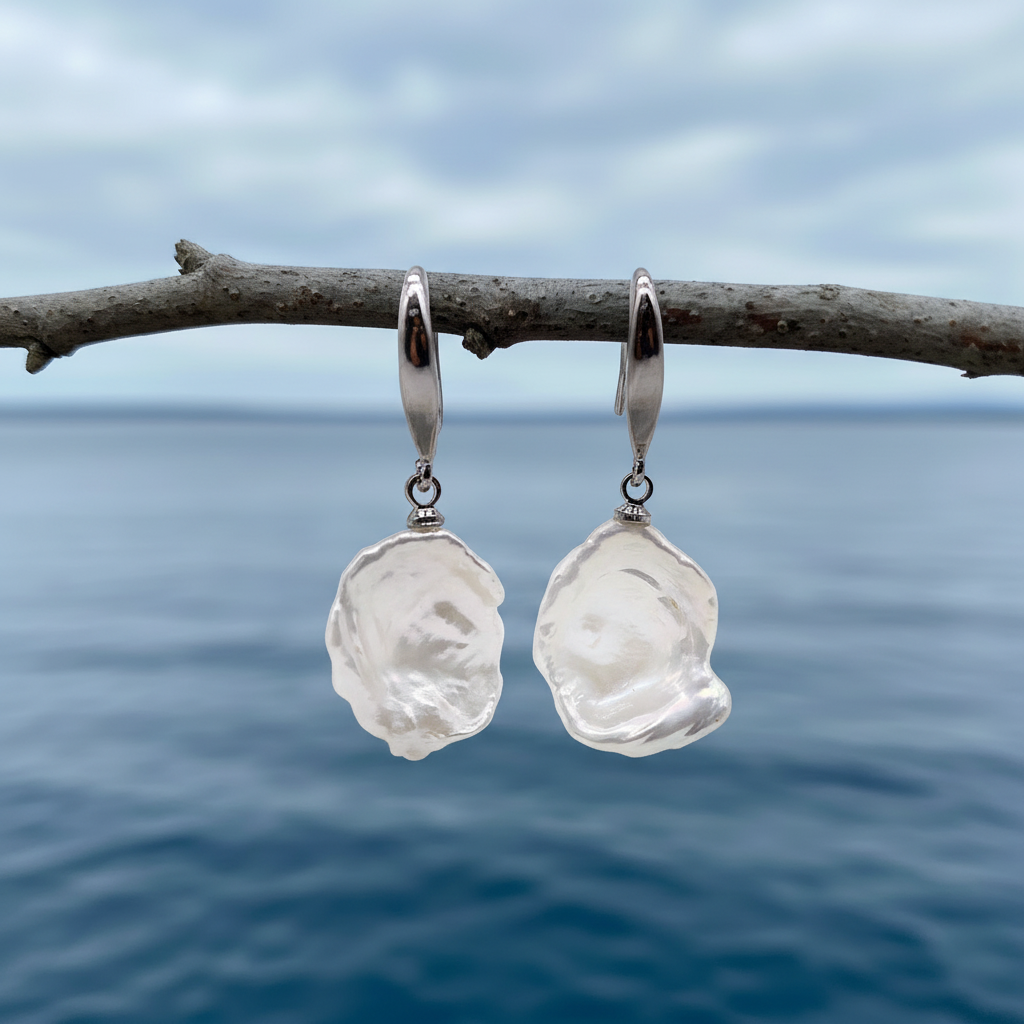 Zoetwater parel oorbellen Shirley aan takje met blauw water - close-up