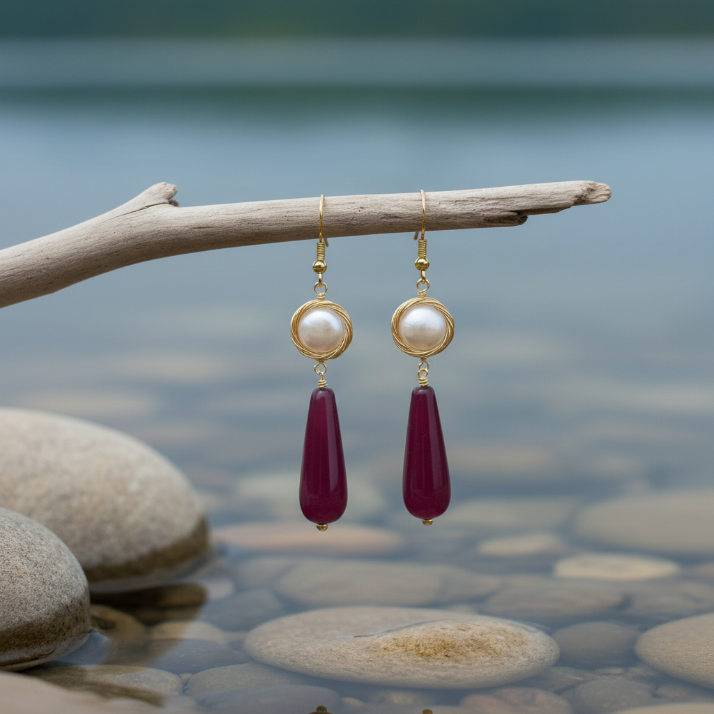 Zoetwater parel oorbellen White Coin Red Agate Gold aan takje