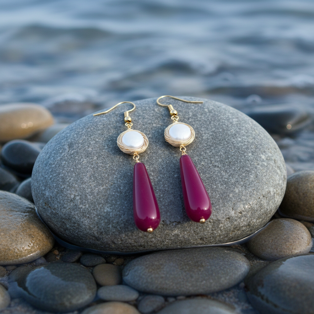 Zoetwater parel oorbellen White Coin Red Agate Gold op grotere steen