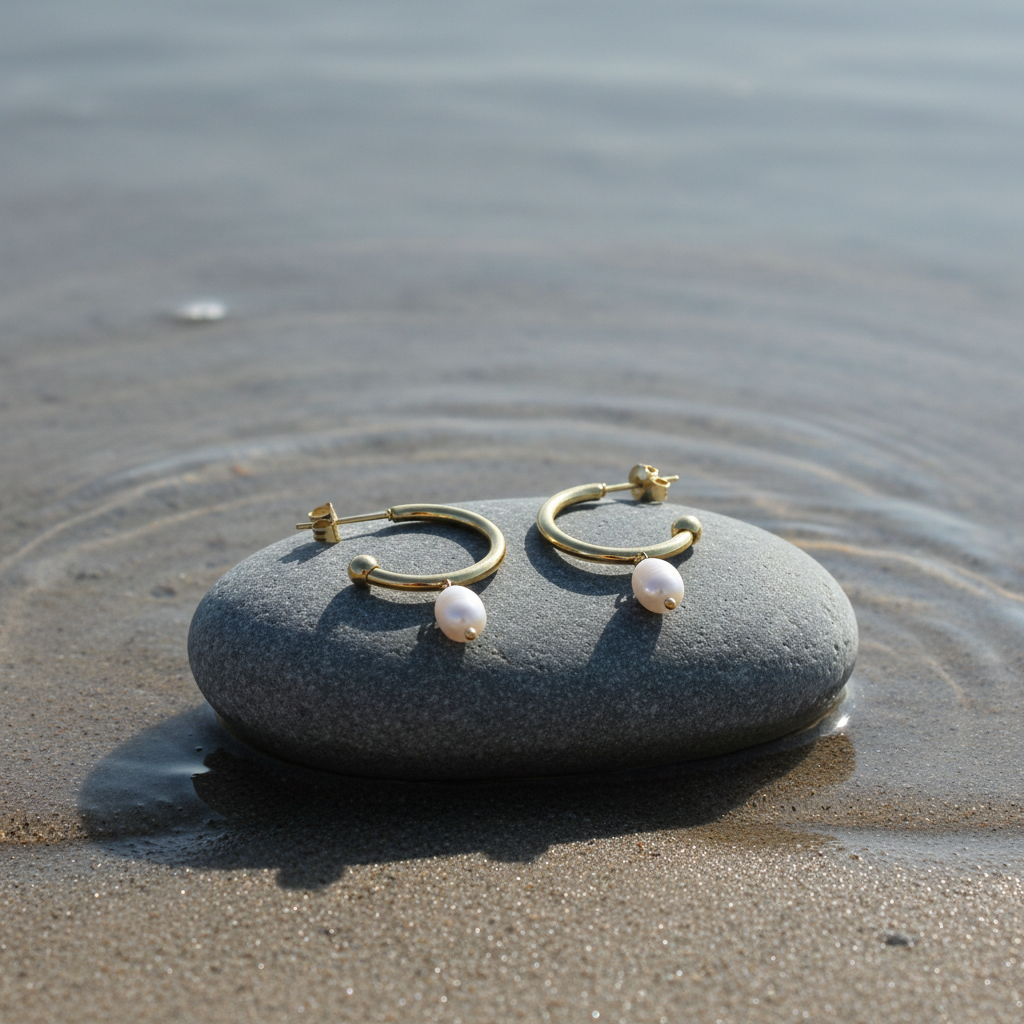 Zoetwater parel oorringen Lizanne op steen bij water