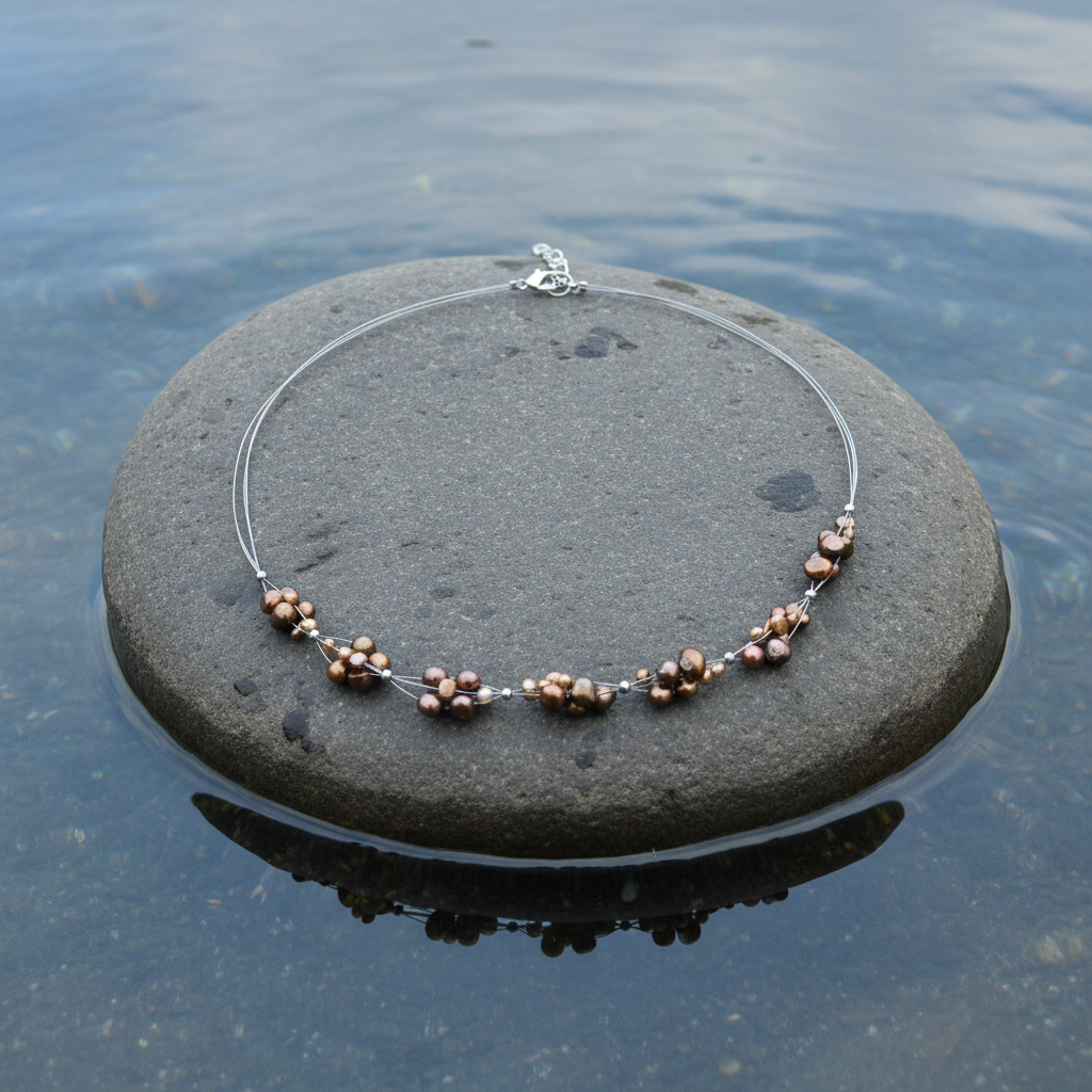 Zoetwater parelketting Browny - bovenaanzicht op steen in water