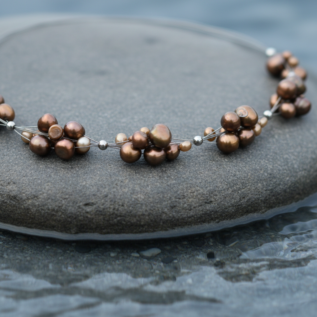 Zoetwater parelketting Browny - close-up van parels op steen aan waterrand