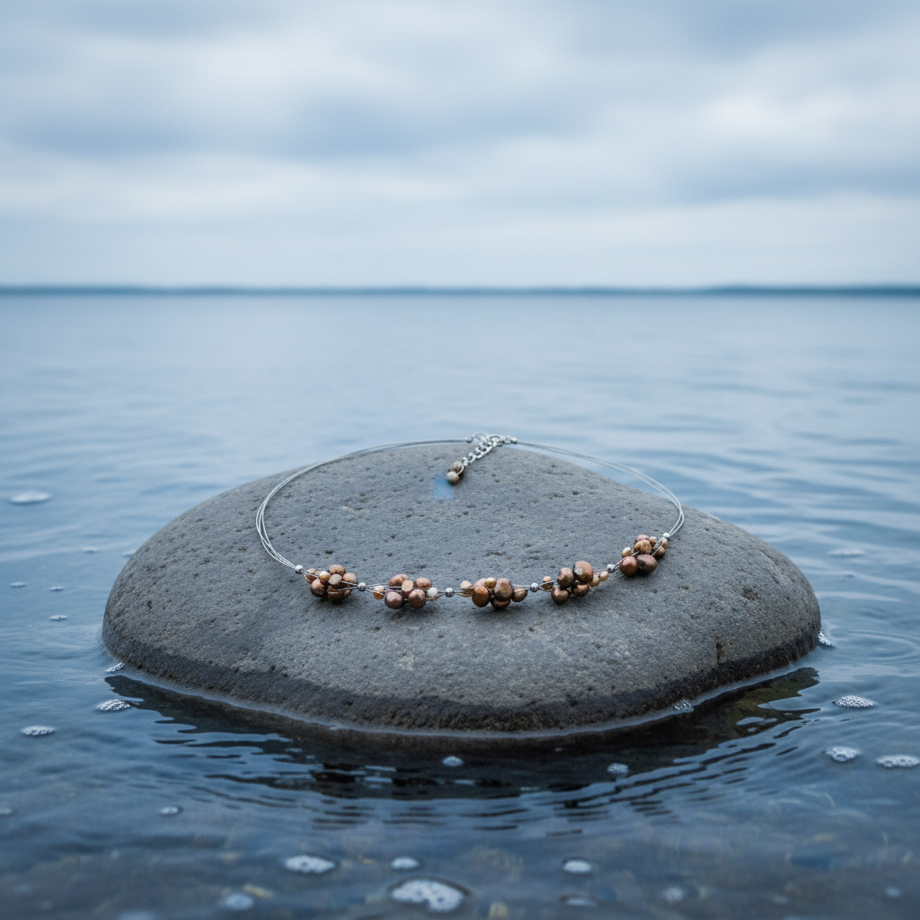 Zoetwater parelketting Browny op steen in blauw water - realistisch